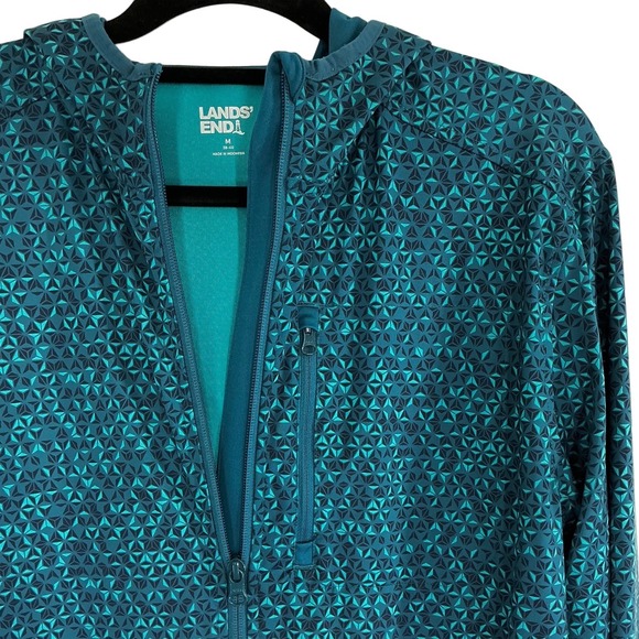 Lands End Women's Medium Teal Geometric Print Hooded Lightweight Jacket EUC - Picture 2 of 11